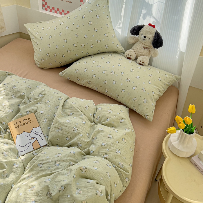 91家纺网 家纺一手货源 找家纺 优选良品 2026新款加厚云感棉双层纱四件套小碎花被套床单床笠款学生三件套新款直播爆款 落日暮年-绿