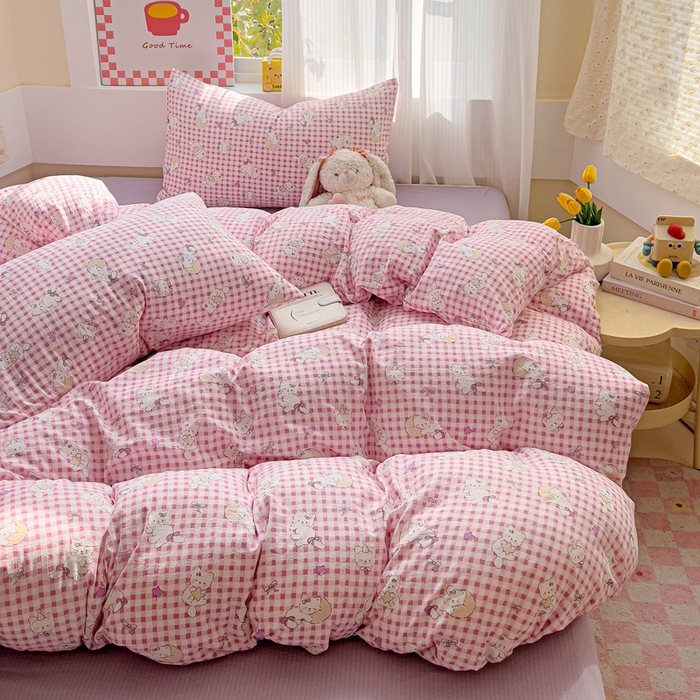 91家纺网 家纺一手货源 找家纺 优选良品 2026新款加厚云感棉双层纱四件套小碎花被套床单床笠款学生三件套新款直播爆款 猫猫晚宴