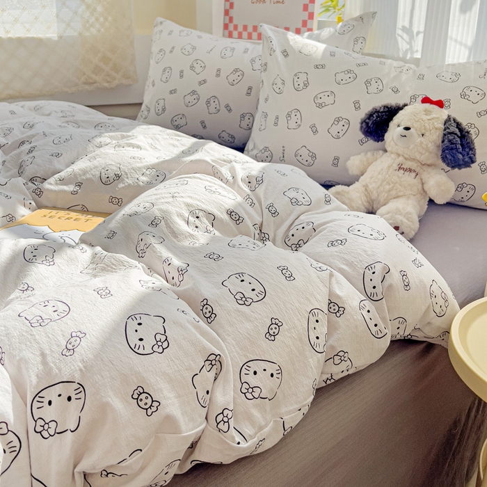 91家纺网 家纺一手货源 找家纺 优选良品 2026新款加厚云感棉双层纱四件套小碎花被套床单床笠款学生三件套新款直播爆款 猫咪恋人