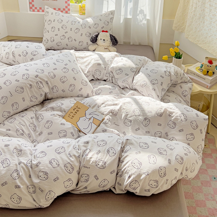 91家纺网 家纺一手货源 找家纺 优选良品 2026新款加厚云感棉双层纱四件套小碎花被套床单床笠款学生三件套新款直播爆款 猫咪恋人