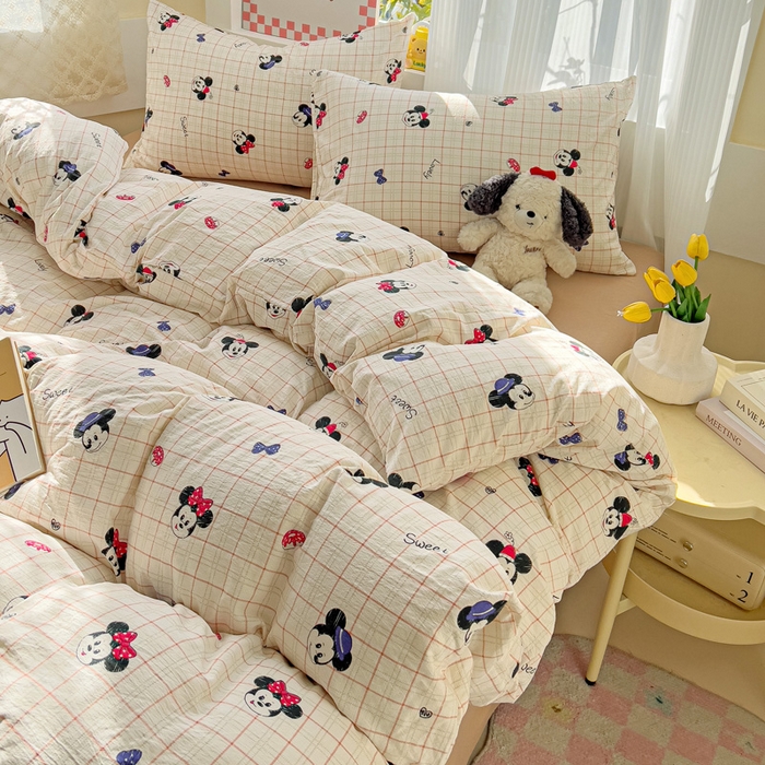 91家纺网 家纺一手货源 找家纺 优选良品 2026新款加厚云感棉双层纱四件套小碎花被套床单床笠款学生三件套新款直播爆款 微甜米奇