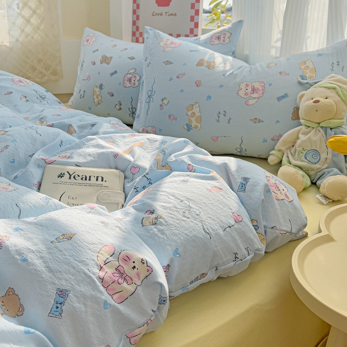 91家纺网 家纺一手货源 找家纺 优选良品 2026新款加厚云感棉双层纱四件套小碎花被套床单床笠款学生三件套新款直播爆款 小猫时光-蓝