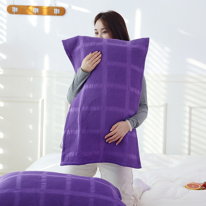 91家纺网 家纺一手货源 找家纺 朴尔家纺-毛巾被 2026新款全棉纯棉质朴方格风立体华夫格透气纱布枕巾单枕巾枕巾单件 方格华夫格-紫枕巾