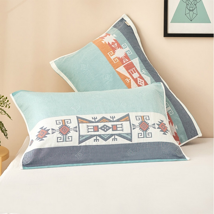 朴尔家纺-毛巾被 2026新款全棉纯棉四层纱布休闲枕巾单枕巾枕巾单件 欧典风情-蓝