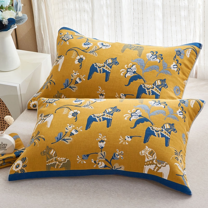 91家纺网 家纺一手货源 找家纺 朴尔家纺-毛巾被 2026新款全棉纯棉多彩四层纱布枕巾单枕巾枕巾单件 花园马-黄