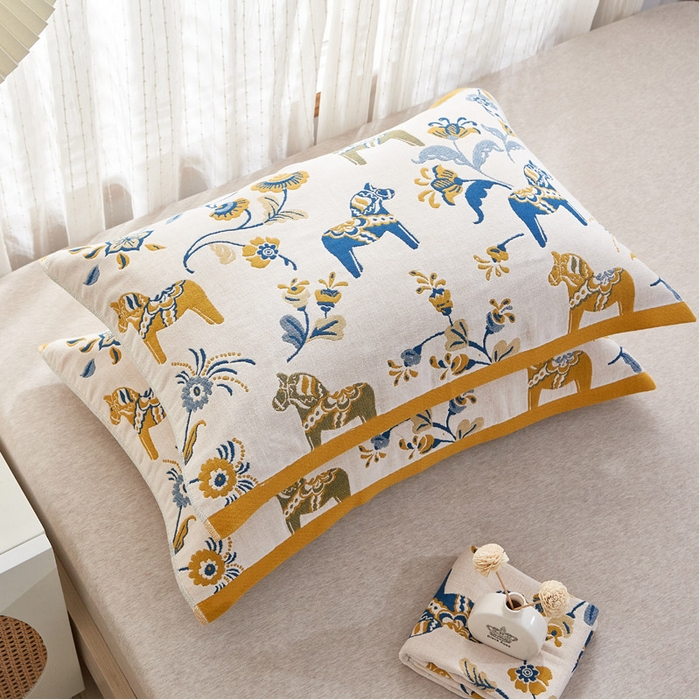 朴尔家纺-毛巾被 2026新款全棉纯棉多彩四层纱布枕巾单枕巾枕巾单件 花园马-驼