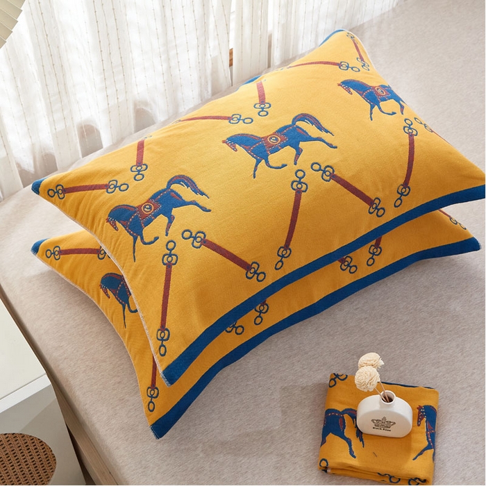 朴尔家纺-毛巾被 2026新款全棉纯棉多彩四层纱布枕巾单枕巾枕巾单件 皇冠马-黄