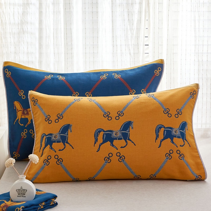 91家纺网 家纺一手货源 找家纺 朴尔家纺-毛巾被 2026新款全棉纯棉多彩四层纱布枕巾单枕巾枕巾单件 皇冠马-黄