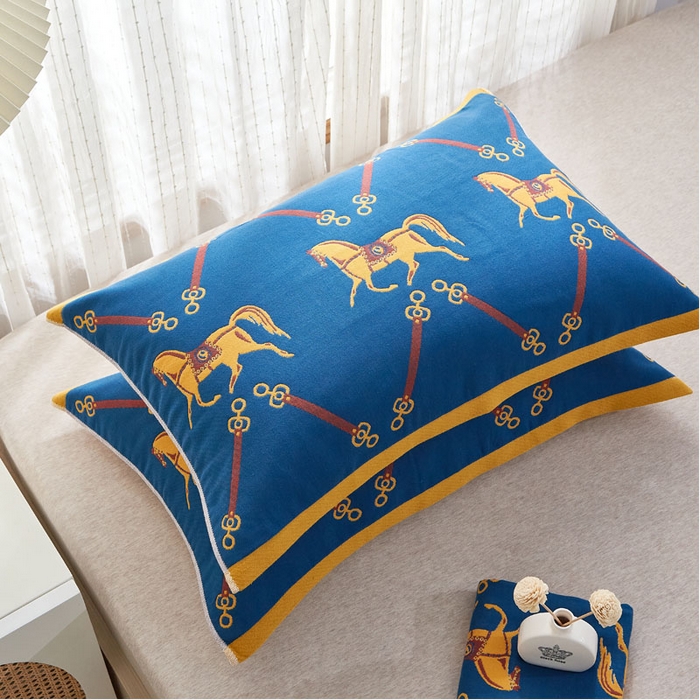 朴尔家纺-毛巾被 2026新款全棉纯棉多彩四层纱布枕巾单枕巾枕巾单件 皇冠马-蓝