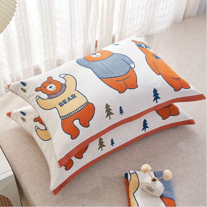 朴尔家纺-毛巾被 2026新款全棉纯棉多彩四层纱布枕巾单枕巾枕巾单件 三只熊-橘