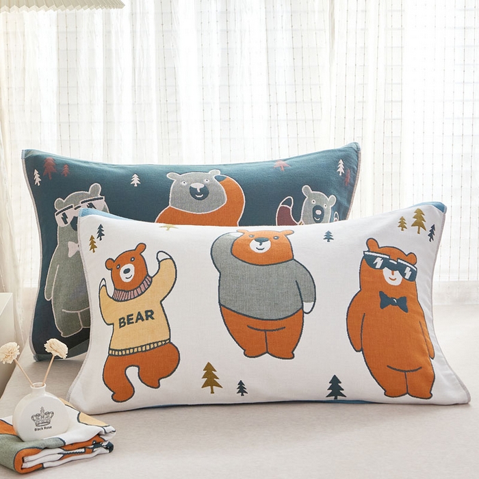 91家纺网 家纺一手货源 找家纺 朴尔家纺-毛巾被 2026新款全棉纯棉多彩四层纱布枕巾单枕巾枕巾单件 三只熊-蓝