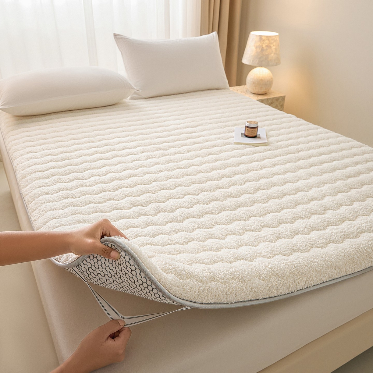 91家纺网 家纺一手货源 找家纺 月茶家纺 2026新款单边羊羔绒床垫垫子 白色