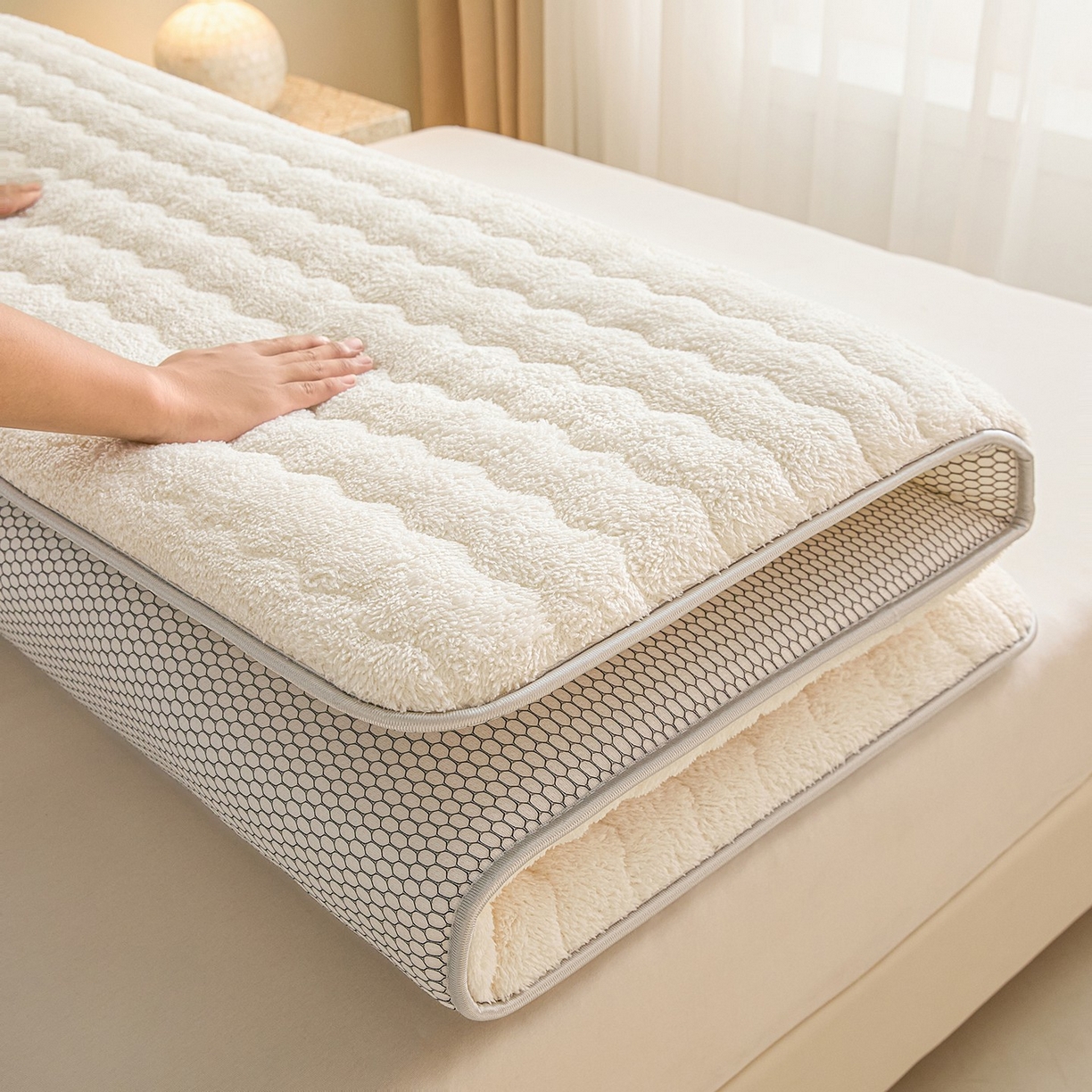 91家纺网 家纺一手货源 找家纺 月茶家纺 2026新款单边羊羔绒床垫垫子 白色