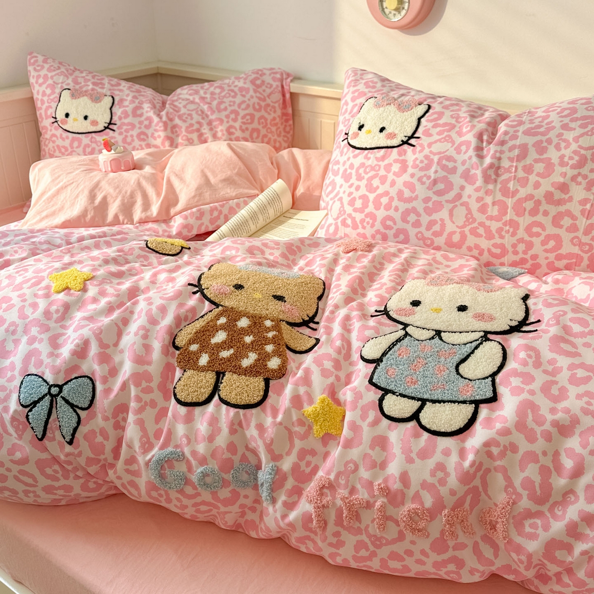 91家纺网 家纺一手货源 找家纺 易辰美 2026春夏新款超柔水洗棉四件套 豹纹猫-粉