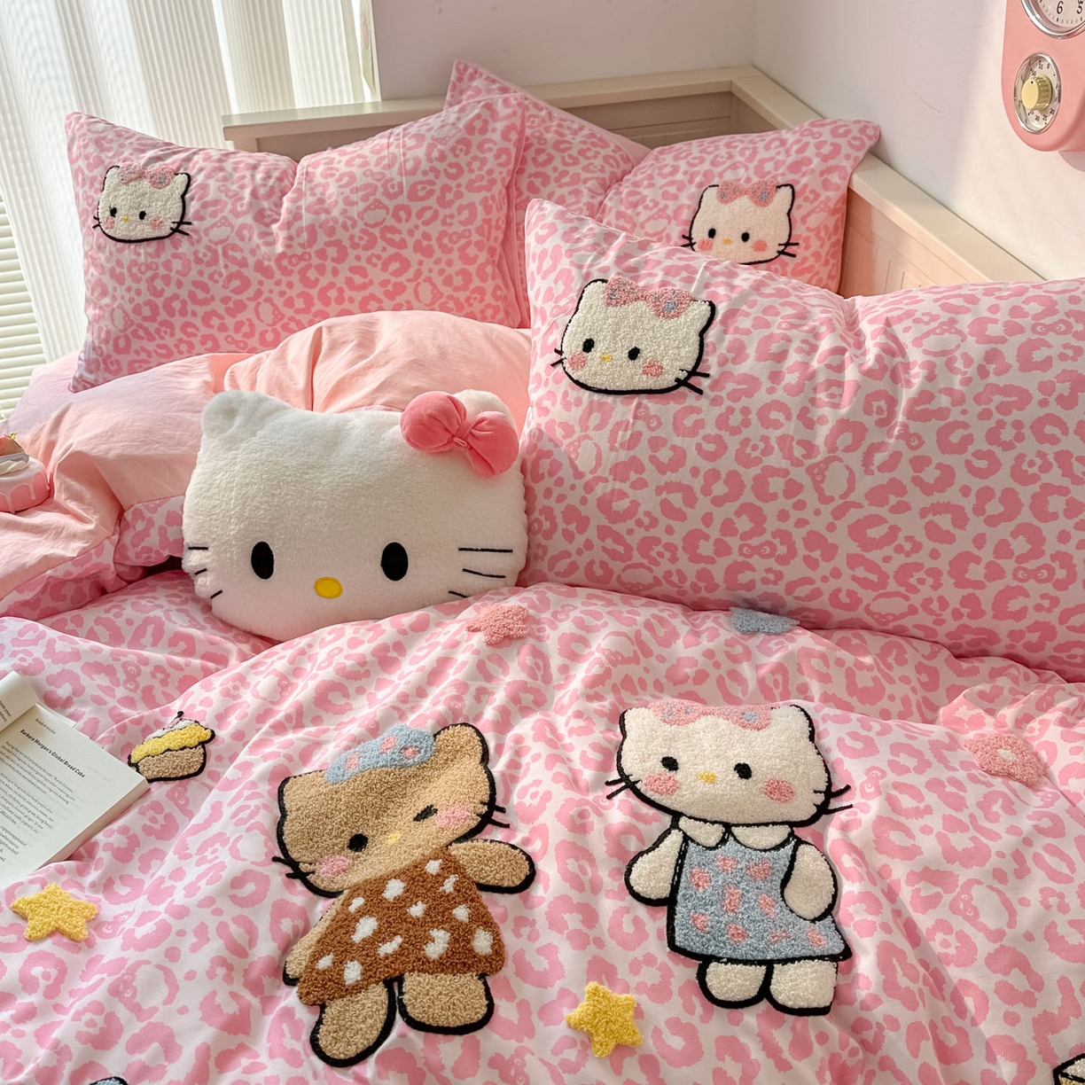 91家纺网 家纺一手货源 找家纺 易辰美 2026春夏新款超柔水洗棉四件套 豹纹猫-粉