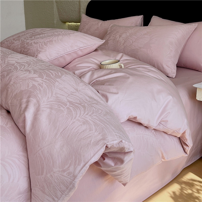 琪格格纺织 2026新款60s精梳全棉纯棉厚织贡缎提花四件套 A类全棉立体浮雕床品 素叶颂眠-嫣紫