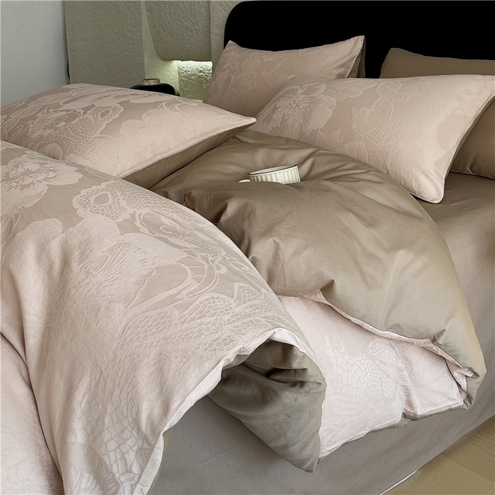 琪格格纺织 2026新款60s精梳全棉纯棉厚织贡缎提花四件套 A类全棉立体浮雕床品 虞美人-浅咖