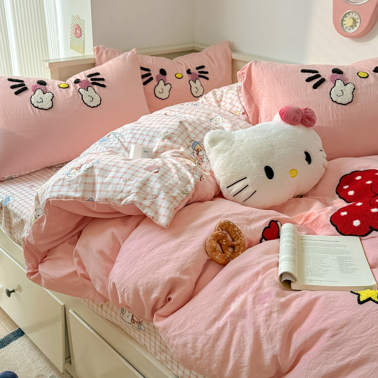 91家纺网 家纺一手货源 找家纺 易辰美 2026春夏新款超柔水洗棉四件套 可爱kt猫