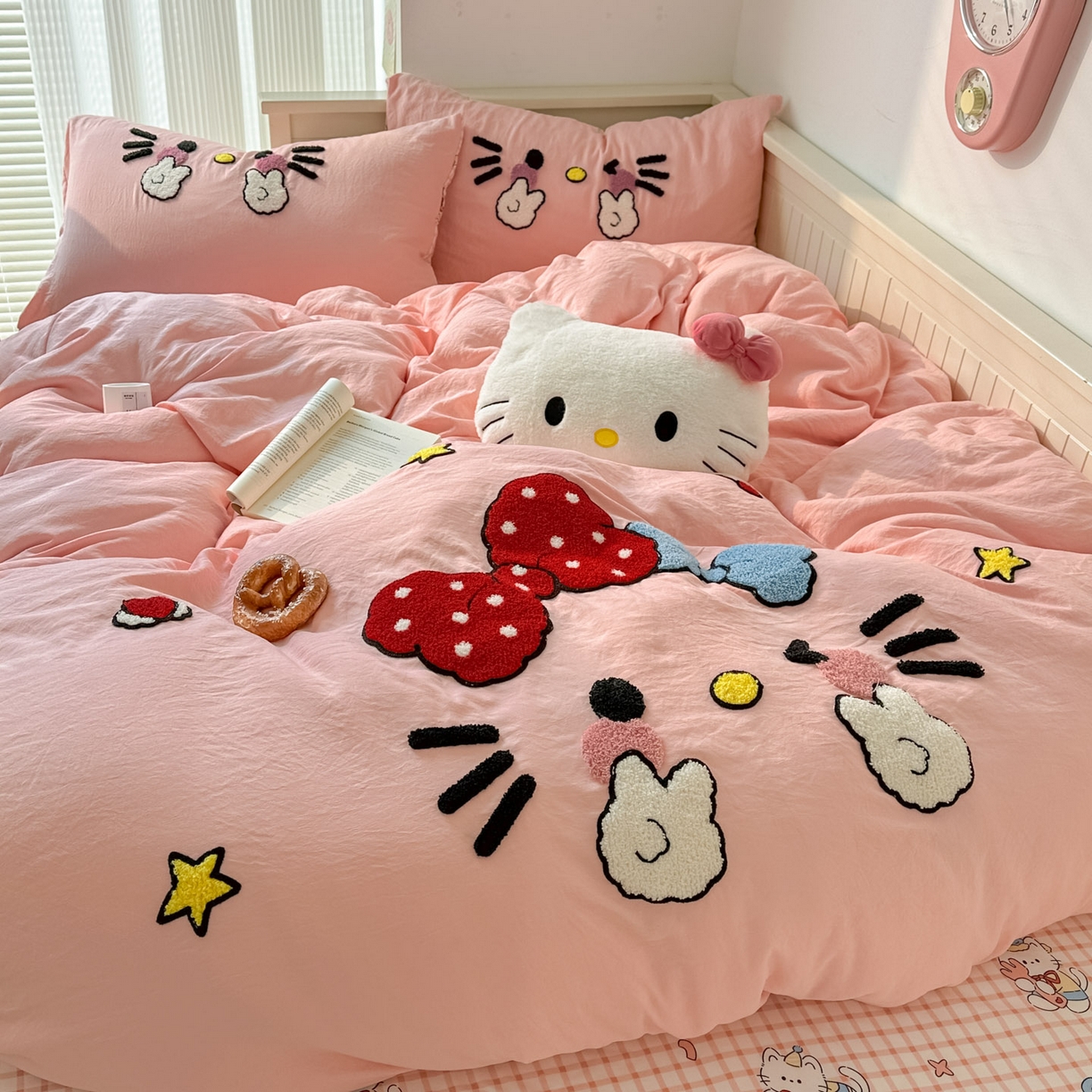 91家纺网 家纺一手货源 找家纺 易辰美 2026春夏新款超柔水洗棉四件套 可爱kt猫