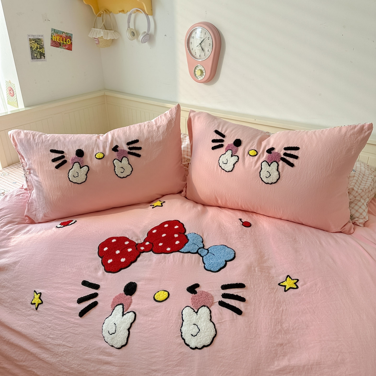 91家纺网 家纺一手货源 找家纺 易辰美 2026春夏新款超柔水洗棉四件套 可爱kt猫