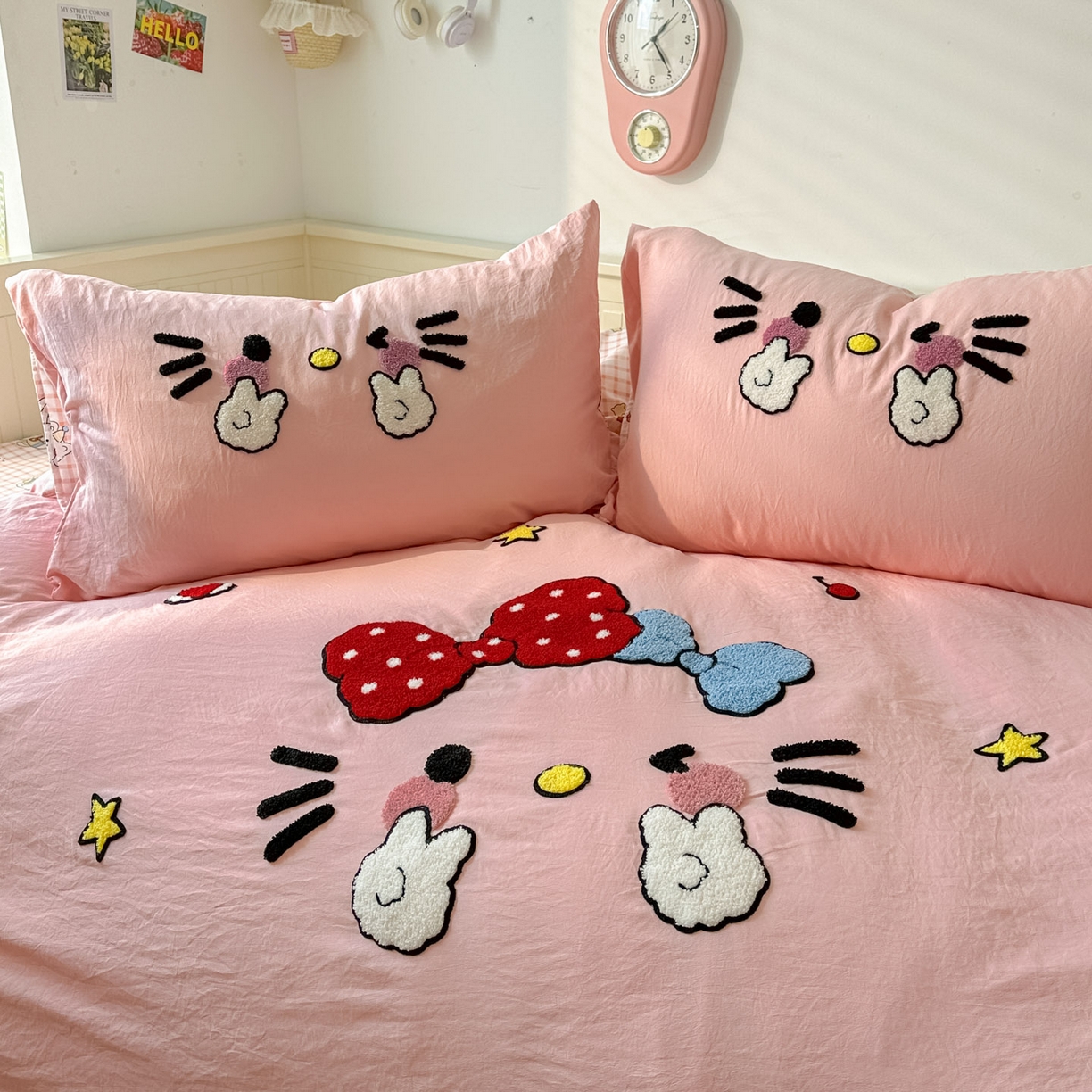 91家纺网 家纺一手货源 找家纺 易辰美 2026春夏新款超柔水洗棉四件套 可爱kt猫