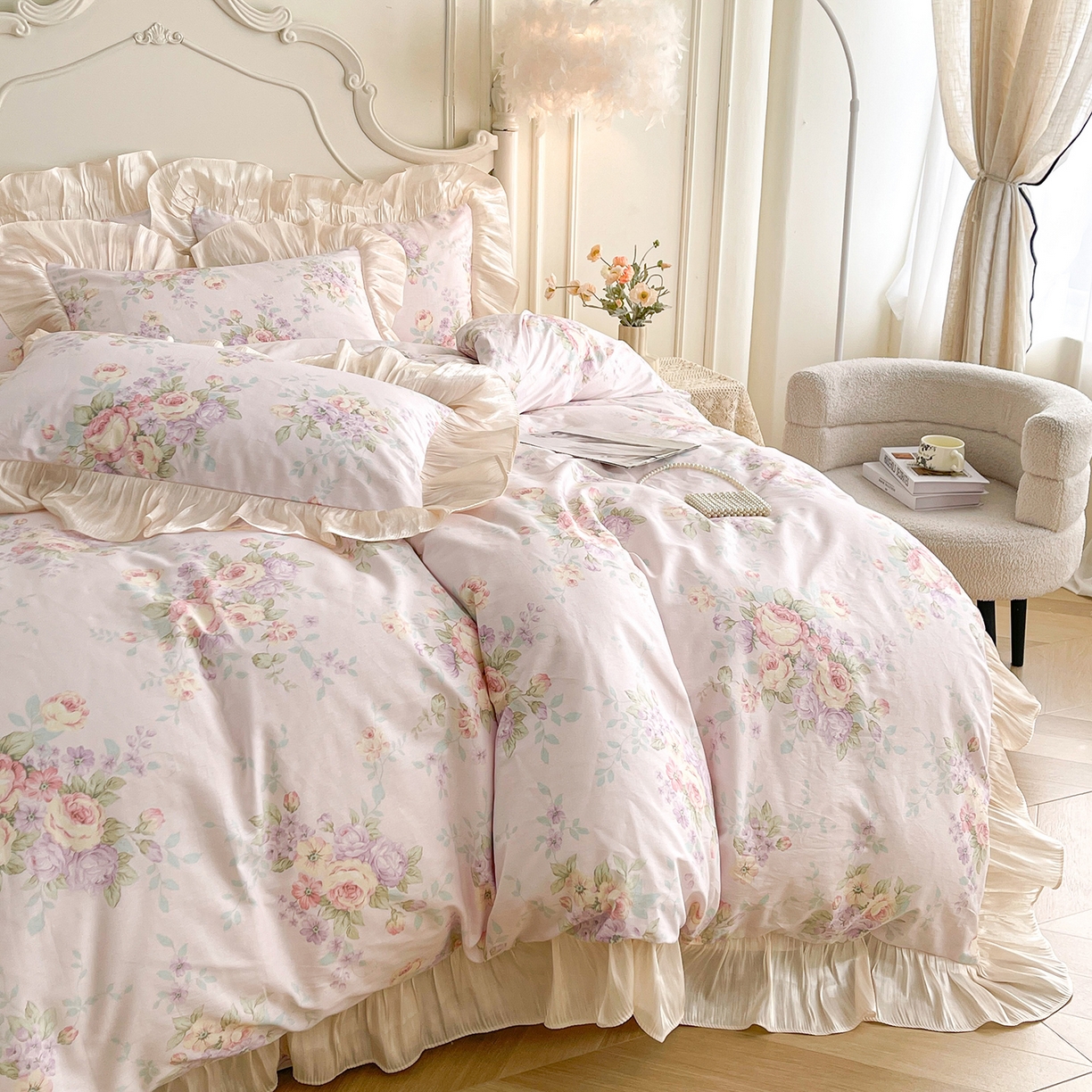 91家纺网 家纺一手货源 找家纺 宜凡家纺 2026新款全棉印花床裙款三件套 春日微光