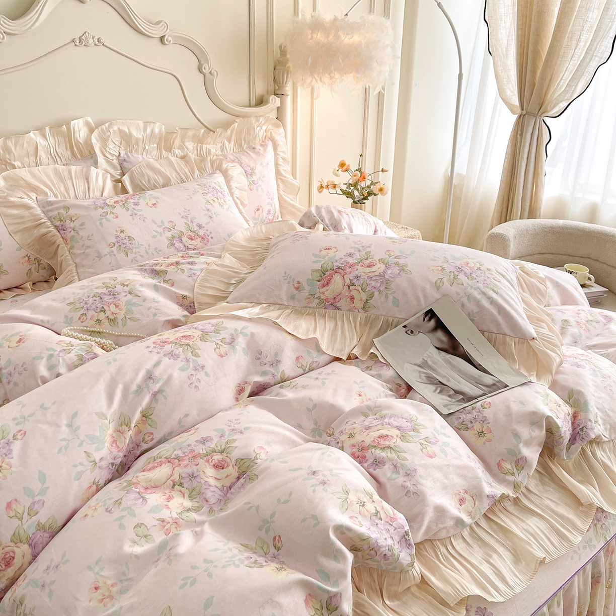 91家纺网 家纺一手货源 找家纺 宜凡家纺 2026新款全棉印花床裙款三件套 春日微光