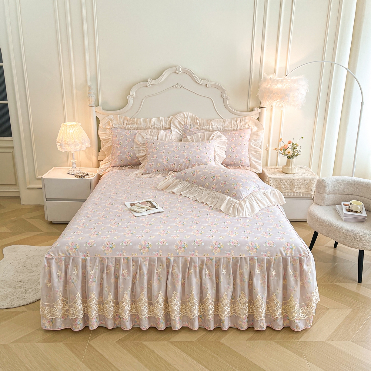 91家纺网 家纺一手货源 找家纺 宜凡家纺 2026新款全棉印花床裙款四件套 晴空