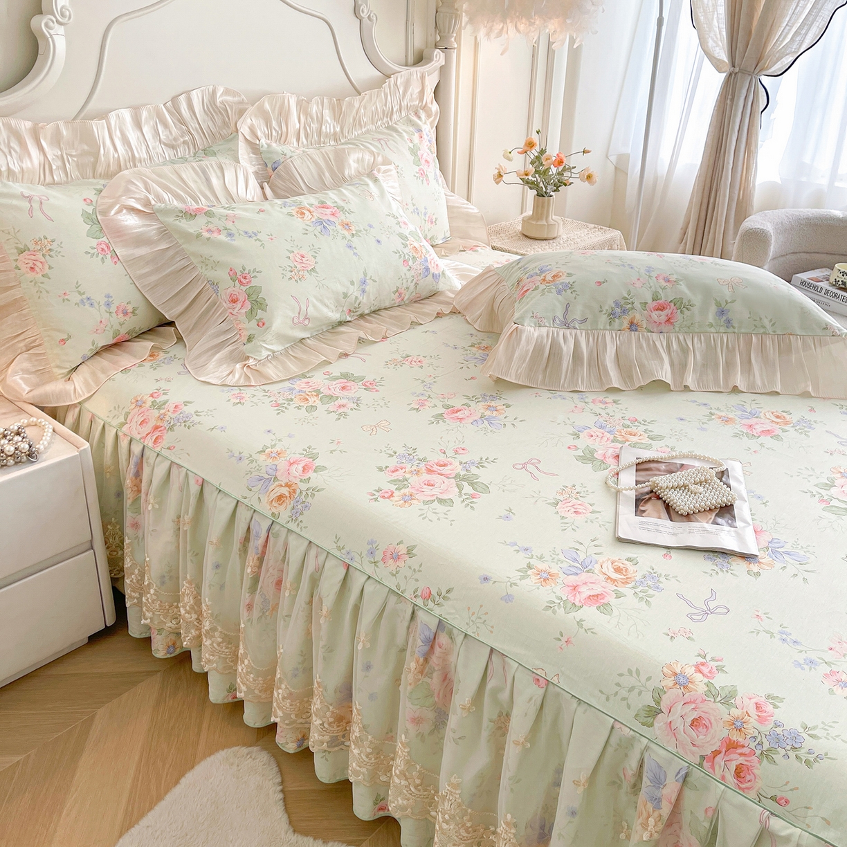 91家纺网 家纺一手货源 找家纺 宜凡家纺 2026新款全棉印花床裙款四件套 曼妙花香