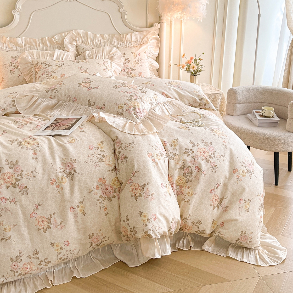 91家纺网 家纺一手货源 找家纺 宜凡家纺 2026新款全棉印花床裙款四件套 花黛织梦