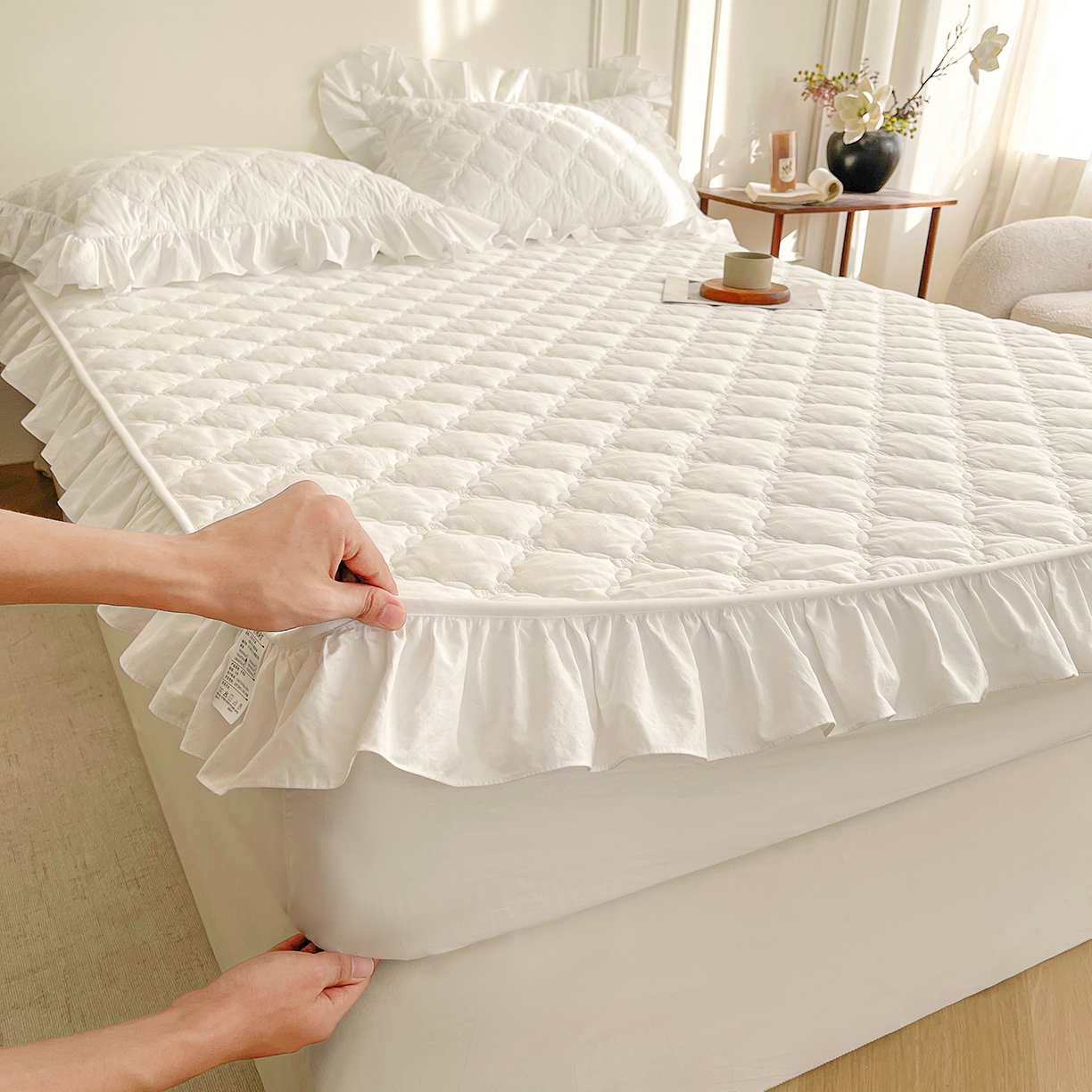 91家纺网 家纺一手货源 找家纺 佳笠家居 2026春夏新款A类全棉纯棉水洗棉新疆棉花少女风花边单床笠 床笠单件 贵族白