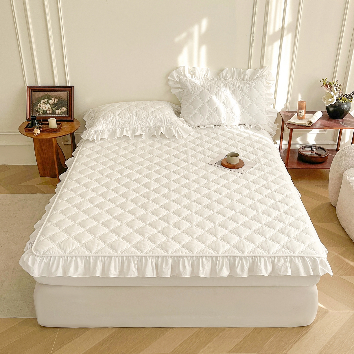 91家纺网 家纺一手货源 找家纺 佳笠家居 2026春夏新款A类全棉纯棉水洗棉新疆棉花少女风花边单床笠 床笠单件 贵族白