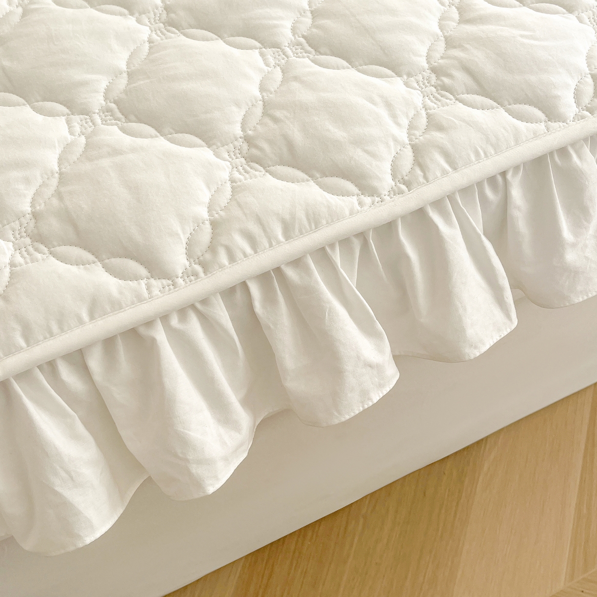 91家纺网 家纺一手货源 找家纺 佳笠家居 2026春夏新款A类全棉纯棉水洗棉新疆棉花少女风花边单床笠 床笠单件 贵族白