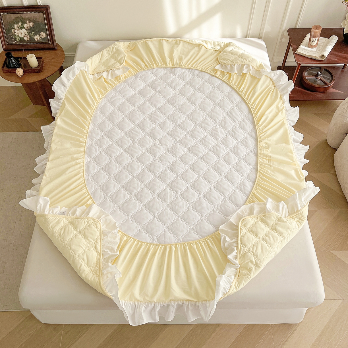 91家纺网 家纺一手货源 找家纺 佳笠家居 2026春夏新款A类全棉纯棉水洗棉新疆棉花少女风花边单床笠 床笠单件 象牙黄