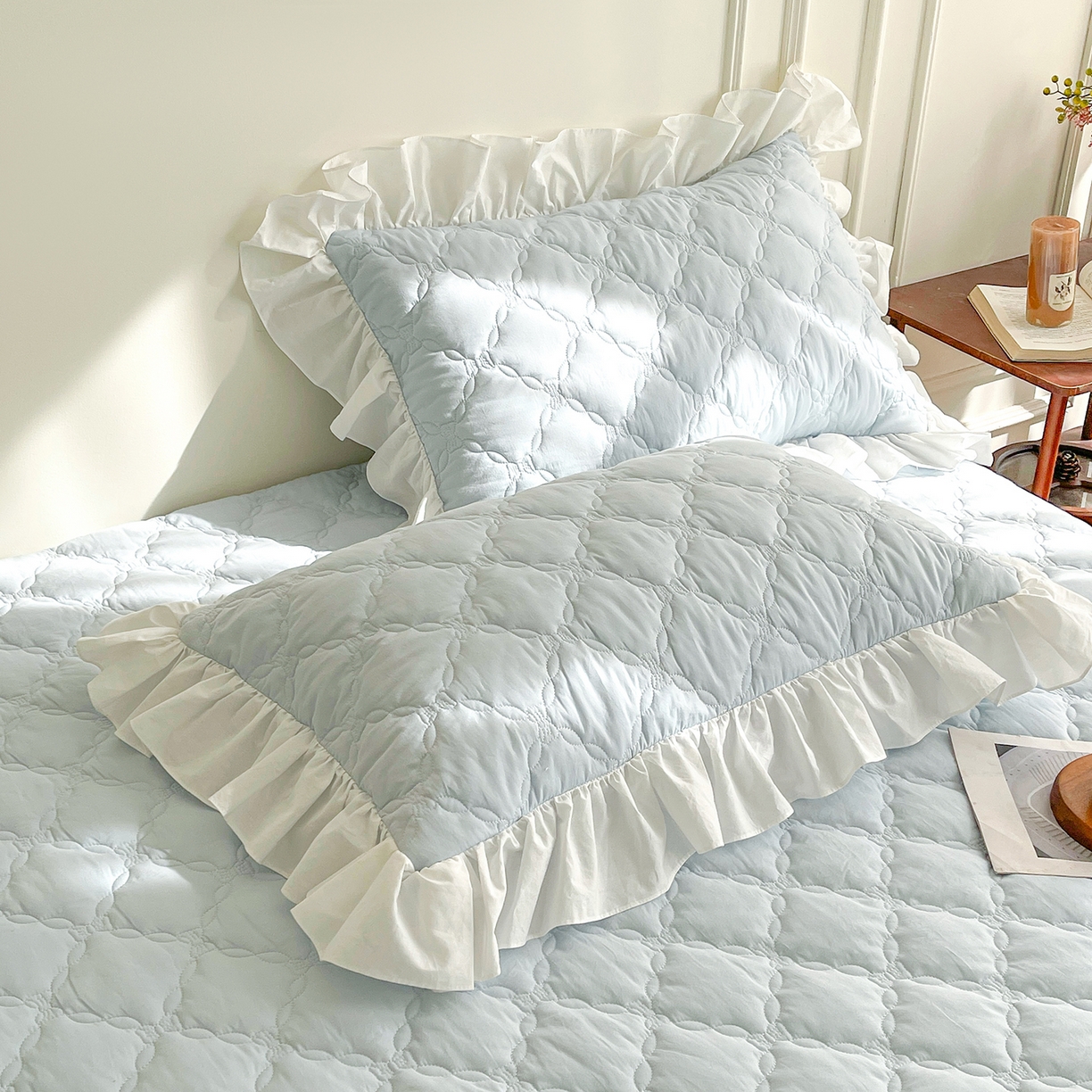 91家纺网 家纺一手货源 找家纺 佳笠家居 2026春夏新款A类全棉纯棉水洗棉新疆棉花少女风花边单床笠 床笠单件 晴空蓝