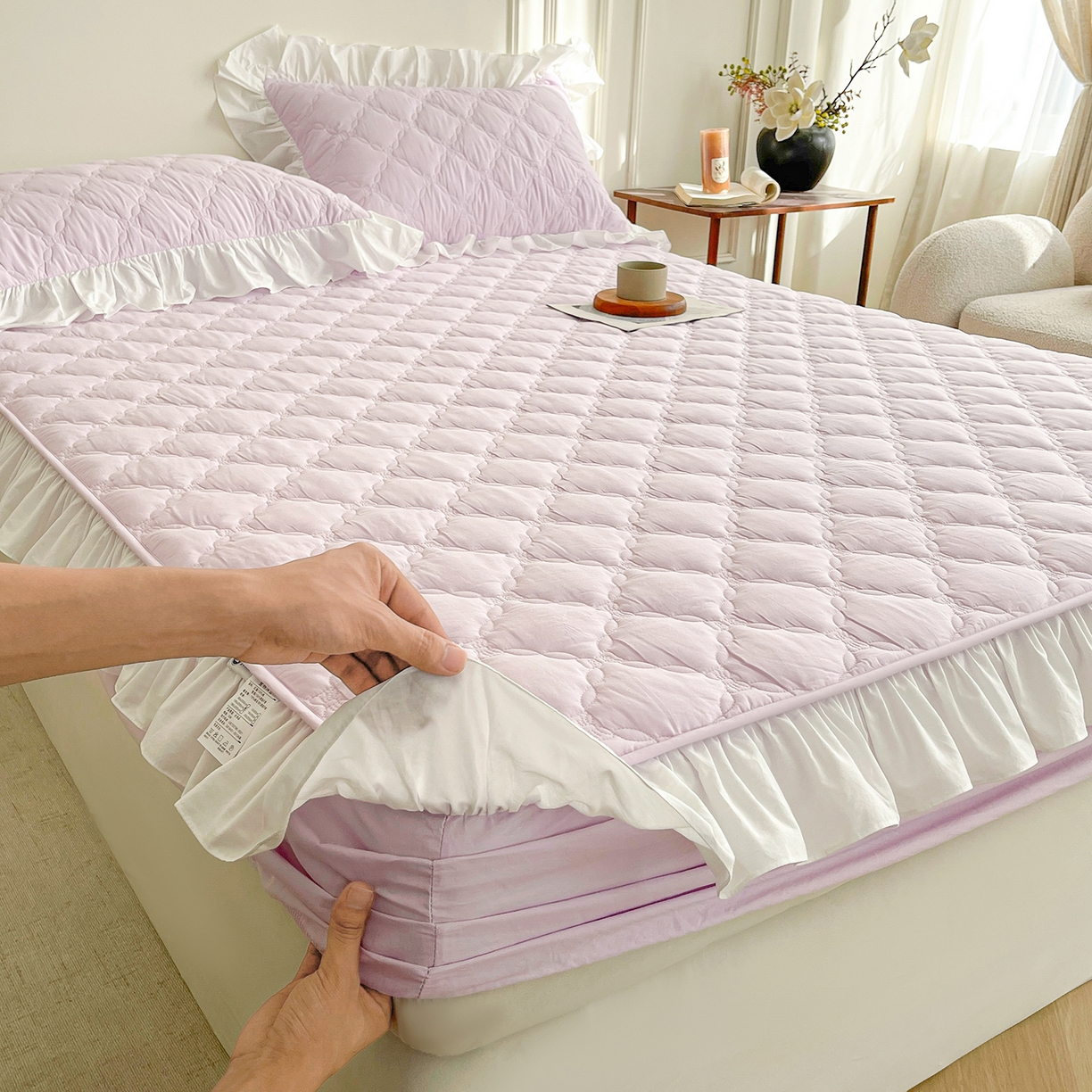 91家纺网 家纺一手货源 找家纺 佳笠家居 2026春夏新款A类全棉纯棉水洗棉新疆棉花少女风花边单床笠 床笠单件 星空紫