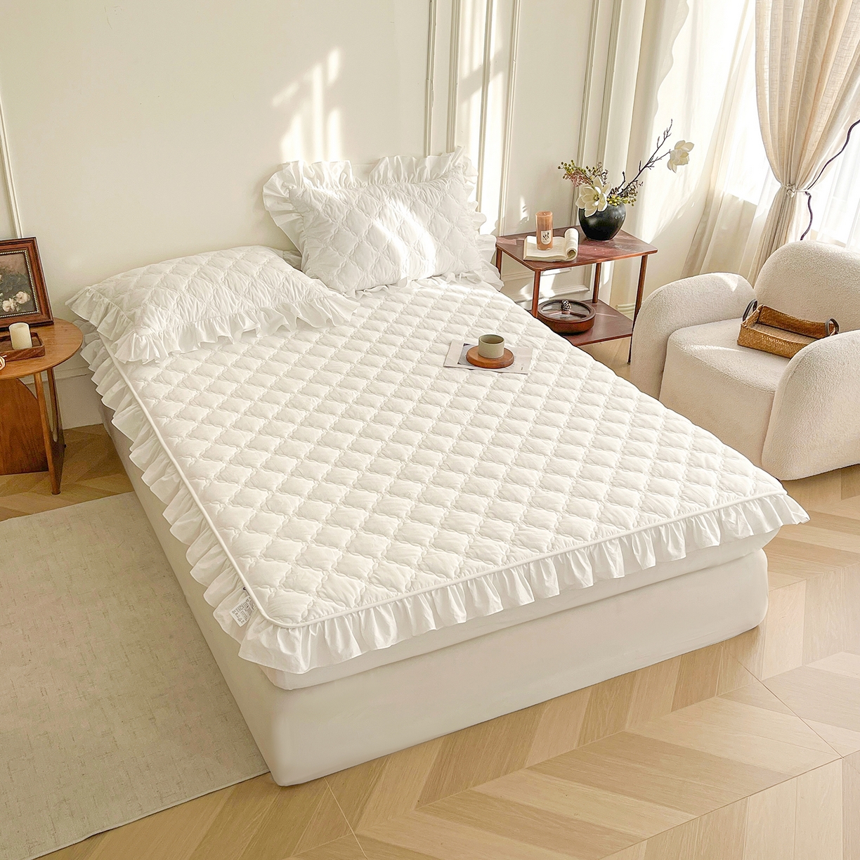 91家纺网 家纺一手货源 找家纺 佳笠家居 2026春夏新款A类全棉纯棉水洗棉新疆棉花少女风花边单床笠 床笠单件 贵族白