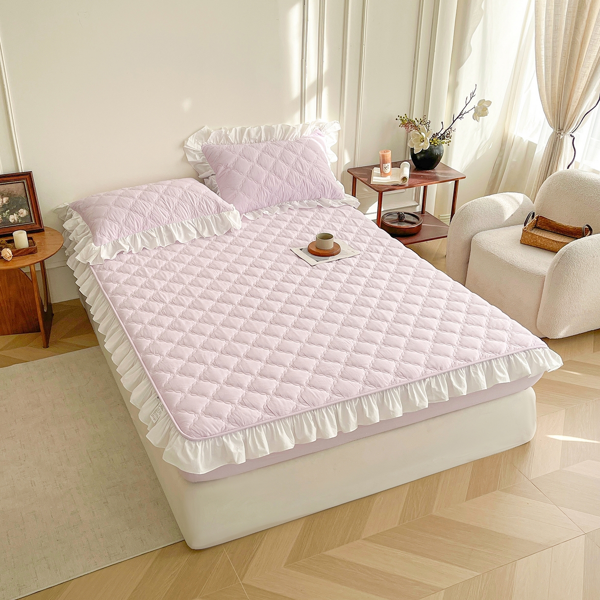 91家纺网 家纺一手货源 找家纺 佳笠家居 2026春夏新款A类全棉纯棉水洗棉新疆棉花少女风花边单床笠 床笠单件 星空紫