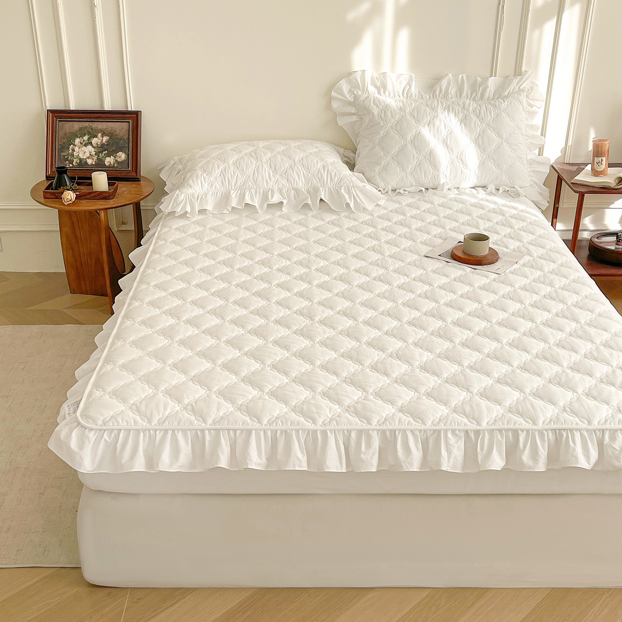 91家纺网 家纺一手货源 找家纺 佳笠家居 2026春夏新款A类全棉纯棉水洗棉新疆棉花少女风花边单床笠 床笠单件 贵族白