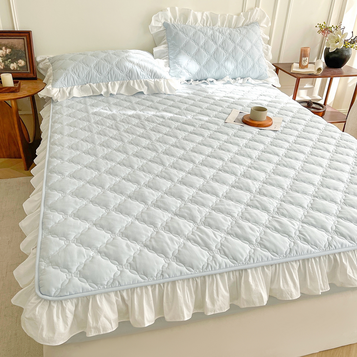 91家纺网 家纺一手货源 找家纺 佳笠家居 2026春夏新款A类全棉纯棉水洗棉新疆棉花少女风花边单床笠 床笠单件 晴空蓝