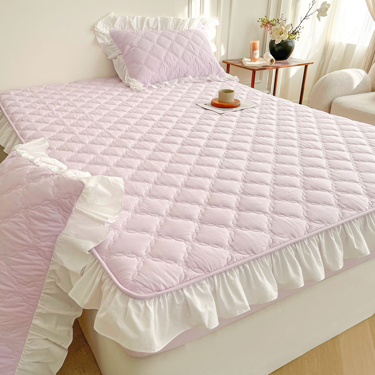 91家纺网 家纺一手货源 找家纺 佳笠家居 2026春夏新款A类全棉纯棉水洗棉新疆棉花少女风花边单床笠 床笠单件 星空紫