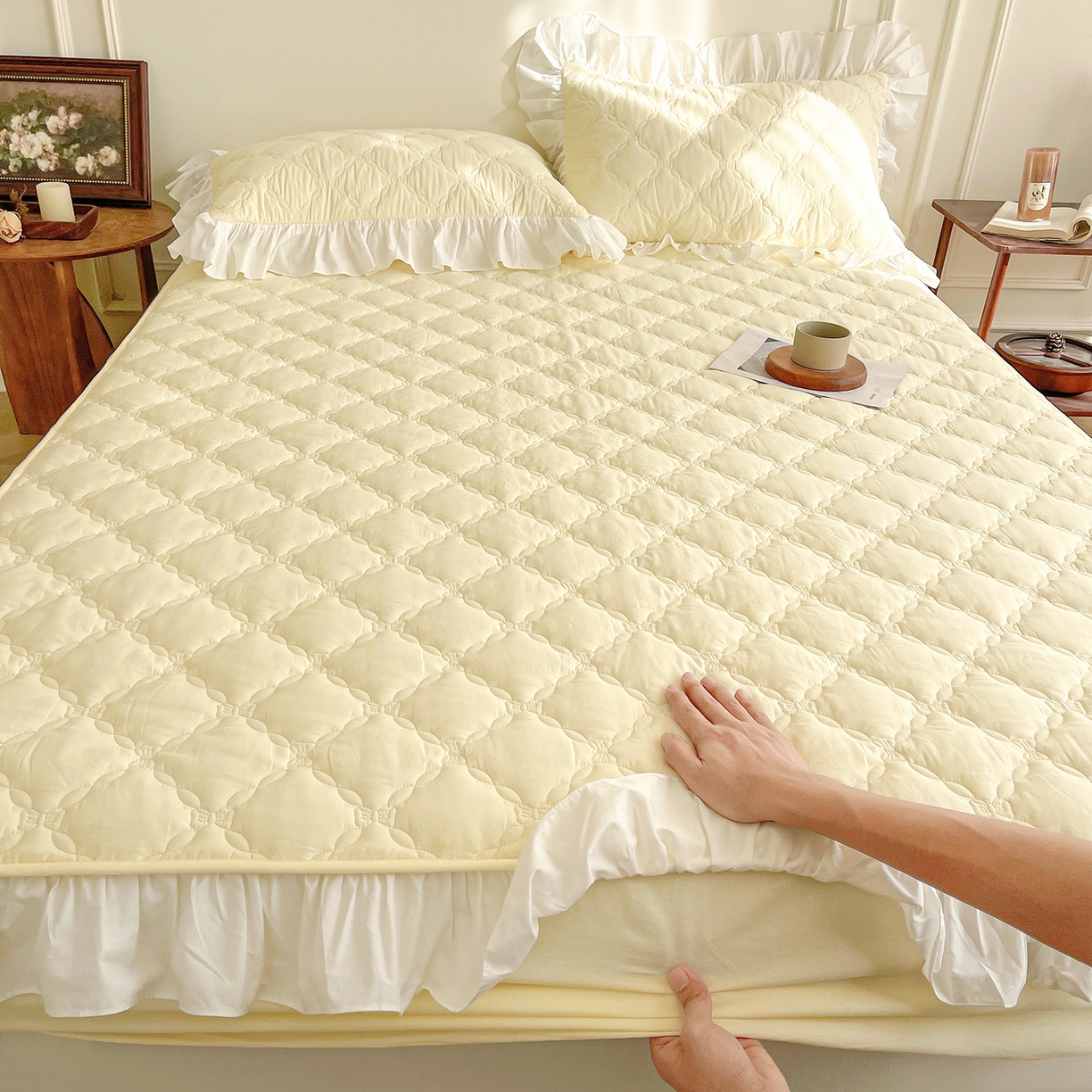 91家纺网 家纺一手货源 找家纺 佳笠家居 2026春夏新款A类全棉纯棉水洗棉新疆棉花少女风花边单床笠 床笠单件 象牙黄