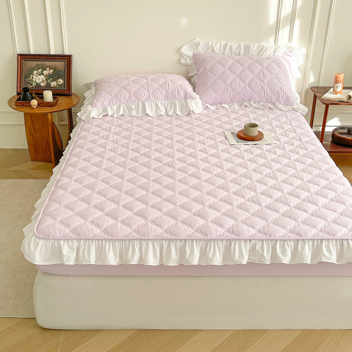 91家纺网 家纺一手货源 找家纺 佳笠家居 2026春夏新款A类全棉纯棉水洗棉新疆棉花少女风花边单床笠 床笠单件 星空紫