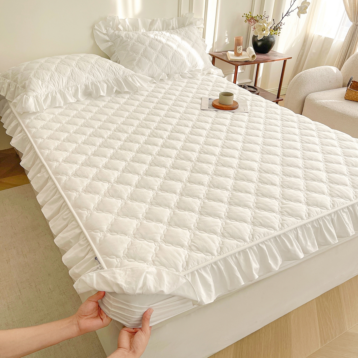 91家纺网 家纺一手货源 找家纺 佳笠家居 2026春夏新款A类全棉纯棉水洗棉新疆棉花少女风花边单床笠 床笠单件 贵族白