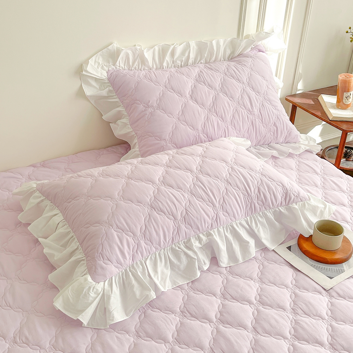 91家纺网 家纺一手货源 找家纺 佳笠家居 2026春夏新款A类全棉纯棉水洗棉新疆棉花少女风花边单床笠 床笠单件 星空紫