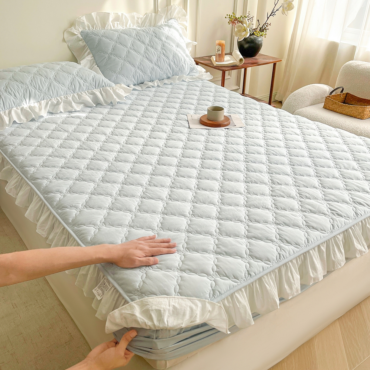 佳笠家居 2026春夏新款A类全棉纯棉水洗棉新疆棉花少女风花边单床笠 床笠单件 晴空蓝