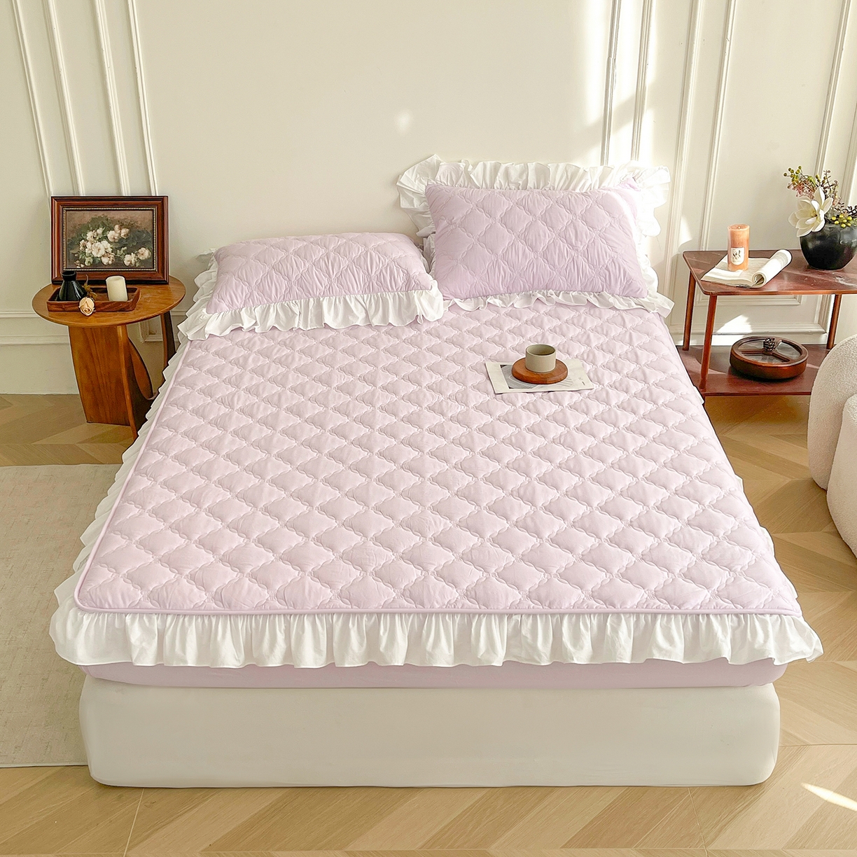 91家纺网 家纺一手货源 找家纺 佳笠家居 2026春夏新款A类全棉纯棉水洗棉新疆棉花少女风花边单床笠 床笠单件 星空紫