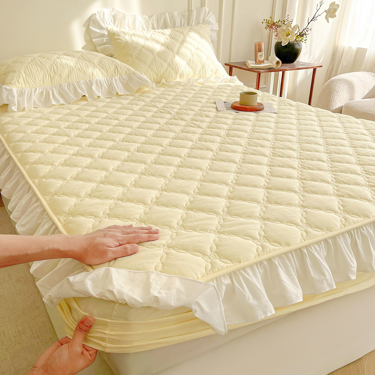 佳笠家居 2026春夏新款A类全棉纯棉水洗棉新疆棉花少女风花边单床笠 床笠单件 象牙黄