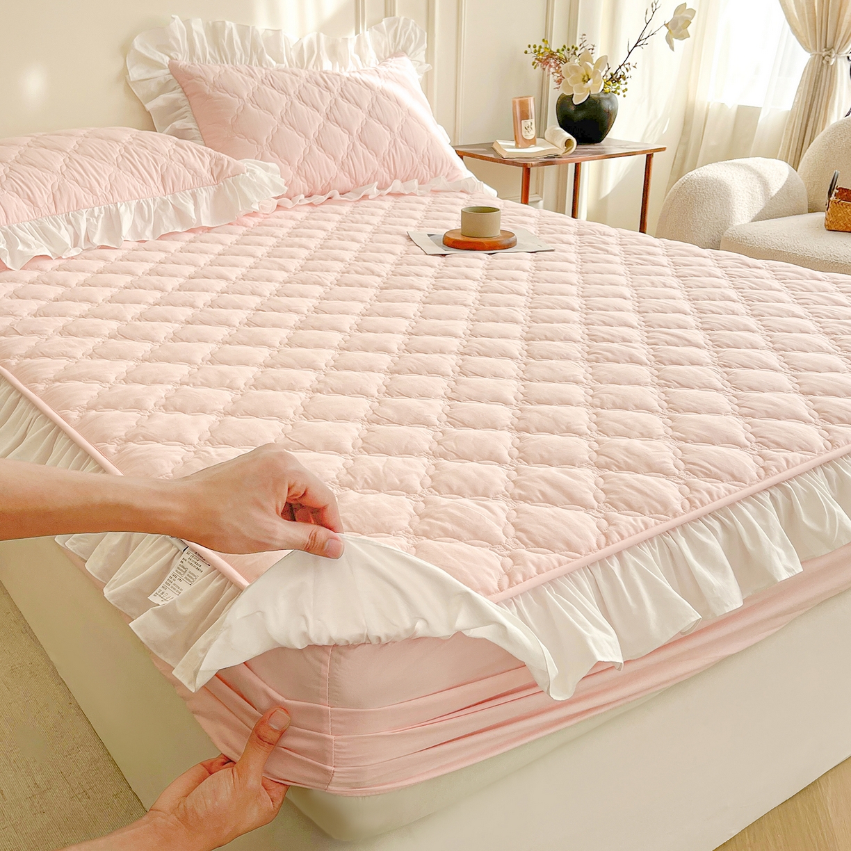 91家纺网 家纺一手货源 找家纺 佳笠家居 2026春夏新款A类全棉纯棉水洗棉新疆棉花少女风花边单床笠 床笠单件 芝夏粉