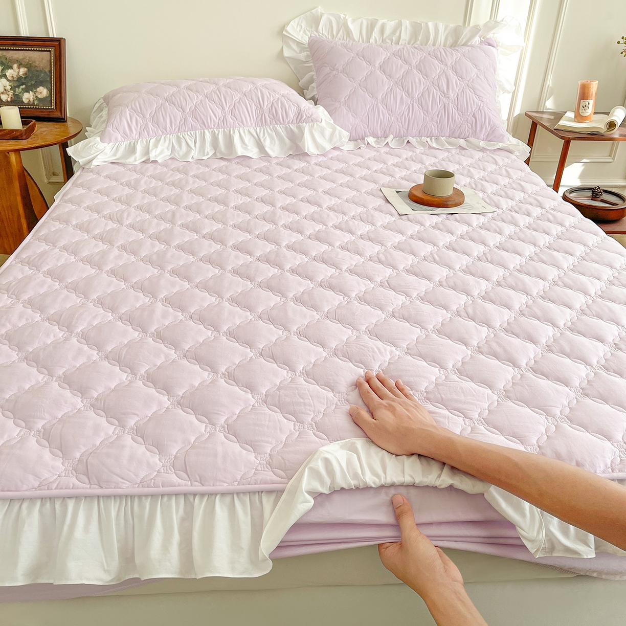 91家纺网 家纺一手货源 找家纺 佳笠家居 2026春夏新款A类全棉纯棉水洗棉新疆棉花少女风花边单床笠 床笠单件 星空紫